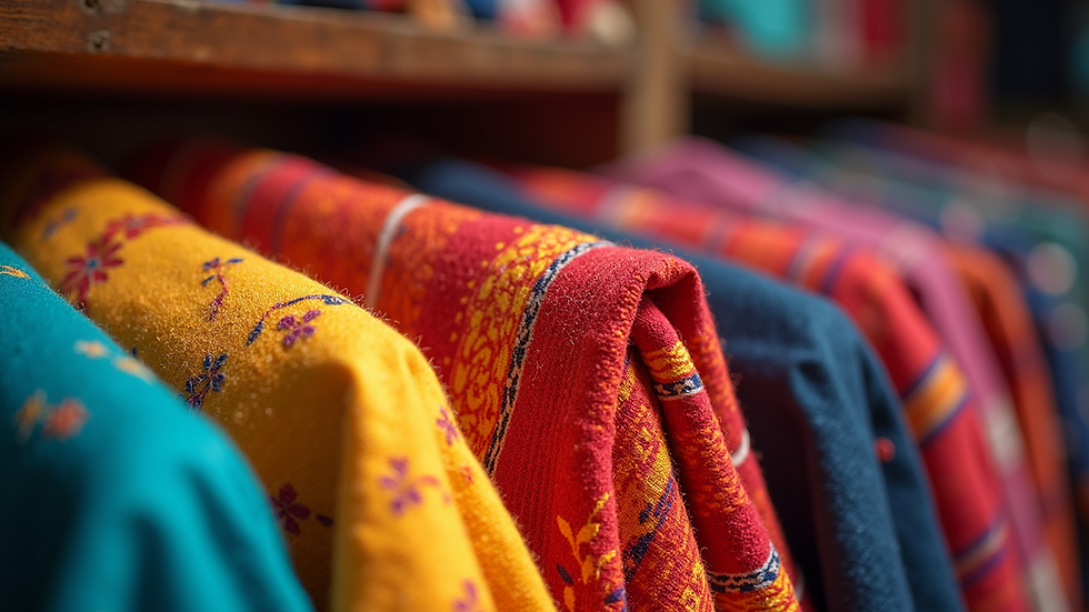 Close-up view of colorful cultural fabrics folded neatly