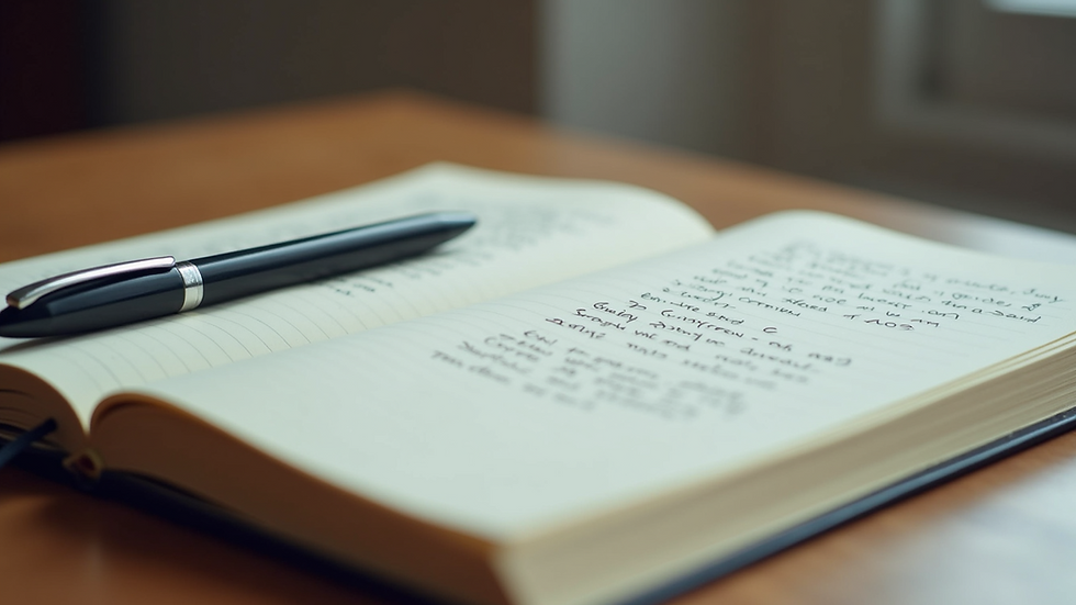Close-up view of an open notebook with handwritten notes and a pen