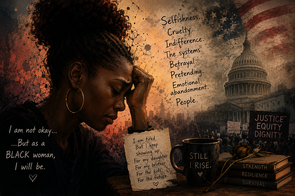 A dramatic digital illustration of an exhausted Black woman resting her forehead against her hand while sitting in deep thought. Around her are layered images and handwritten words symbolizing emotional pain, racism, systemic injustice, and resilience. The background includes a faded American flag, the U.S. Capitol building, protest crowds, and signs reading “Justice, Equity, Dignity.” Handwritten phrases such as “Selfishness,” “Cruelty,” “Indifference,” and “Emotional abandonment” surround the scene. A coffee mug labeled “Still I Rise,” stacked books titled “Strength,” “Resilience,” and “Survival,” and a note mentioning her daughter, brother, and children symbolize perseverance despite exhaustion. The image includes the closing quote: “I am not okay… But as a BLACK woman, I will be.”