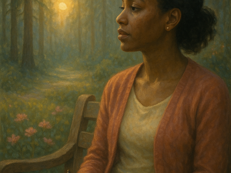 An African American woman sits alone on a wooden bench in a sunlit forest, holding a journal titled "Mother's Day." She gazes thoughtfully into the distance, surrounded by tall trees and blooming wildflowers, suggesting a mood of quiet reflection and emotional depth.