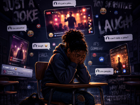 A dramatic digital illustration of a student sitting alone at a desk in a dark classroom while glowing social media screens float around them displaying blurred comedy-stage performances, laughing emojis, and phrases such as “just a joke,” “too sensitive,” and “can’t take a joke?” The student appears emotionally overwhelmed, resting their head in their hands as harsh online commentary surrounds them. The image uses deep cinematic lighting and shadow to symbolize how public entertainment, social media culture, and harmful humor can emotionally affect youth and contribute to feelings of isolation, pressure, and distress.