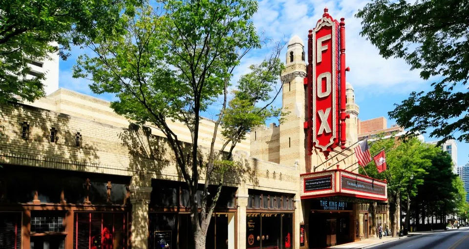 A photo of the Fox Theatre Atlanta from the outside showing the marquee and the front door.