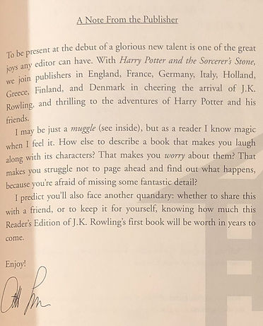 Close up of the Note from the Publisher inside the Advance Reader Copy (ARC) of Harry Potter and the Sorcerer's Stone produced by Scholastic.