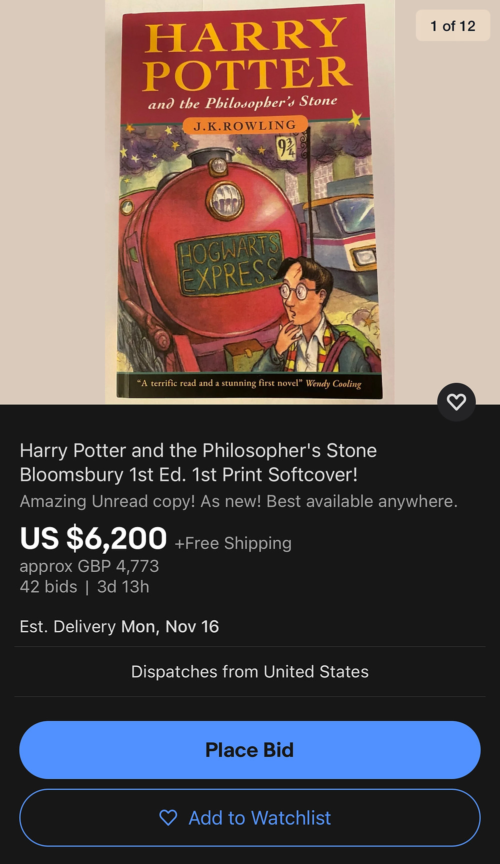 Fake Harry Potter and the Philosopher's Stone up for auction on eBay, 11/2020
