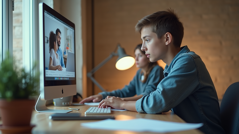 Eye-level view of a student engaged in an online tutoring session