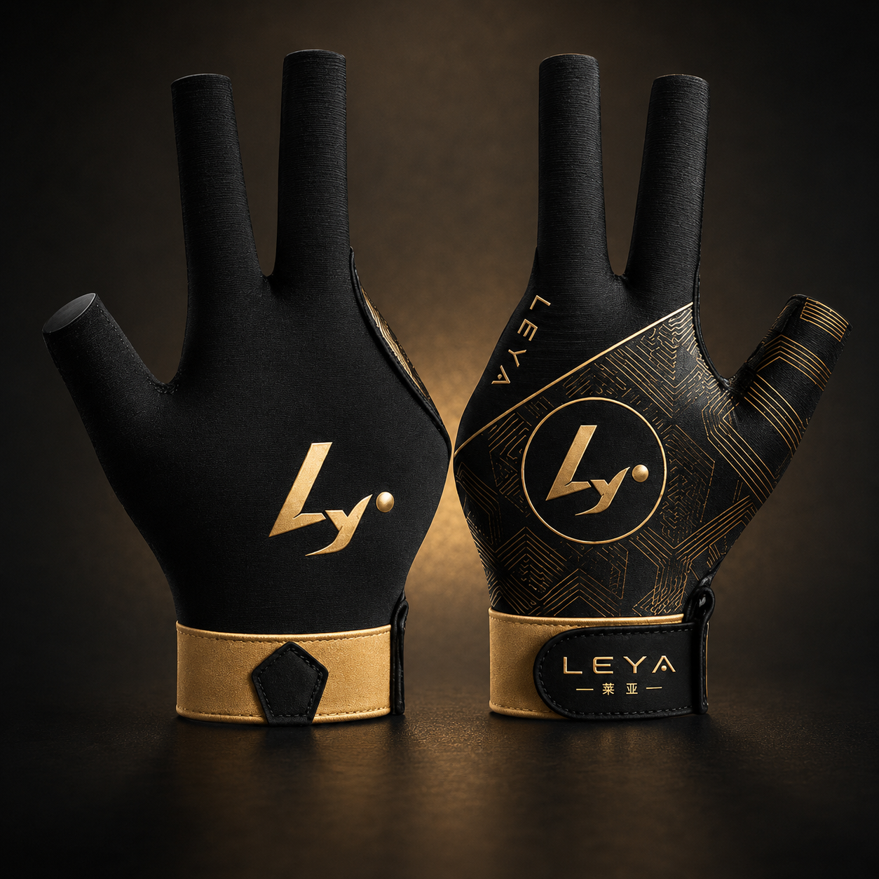 LEYA 2100 black and gold billiards glove shown from both sides