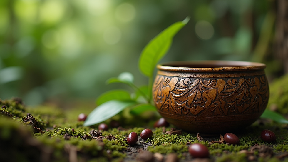 Close-up view of a traditional ayahuasca cup with natural surroundings