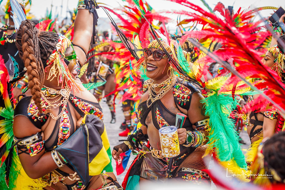 Limin Professionals Luxury Concierge guests and masqueraders adorned in red, yellow and green, vibrant costumes