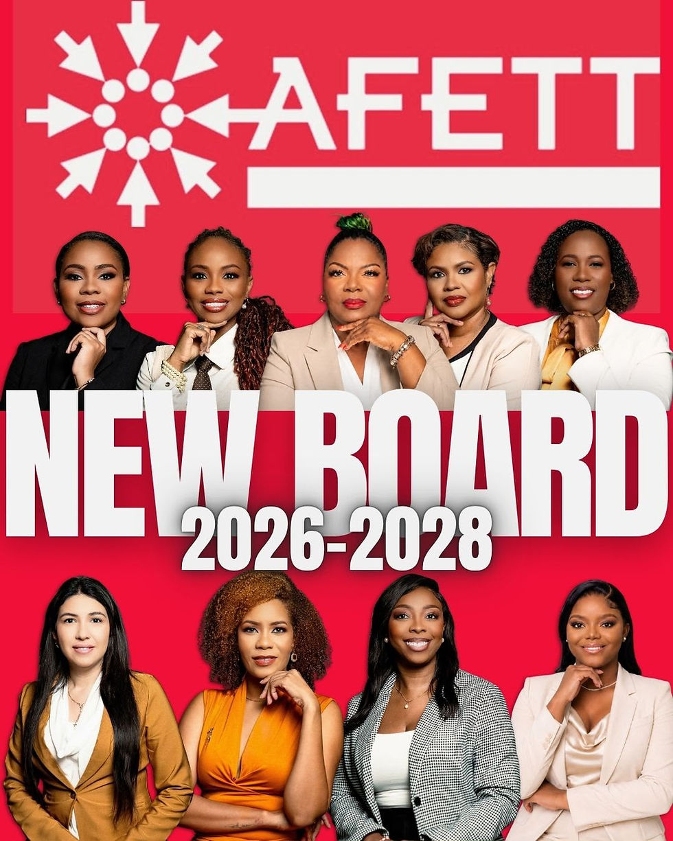 The AFETT — Association of Female Executives of Trinidad and Tobago — 2026–2028 Board of Directors, ten women executives on a red branded graphic.
