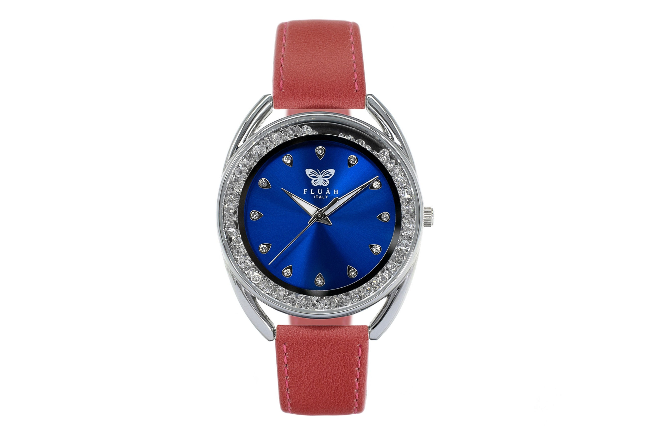 Orologio donna alla moda con quadrante blu, brillantini e cinturino in vera pelle made in italy di colore rosa