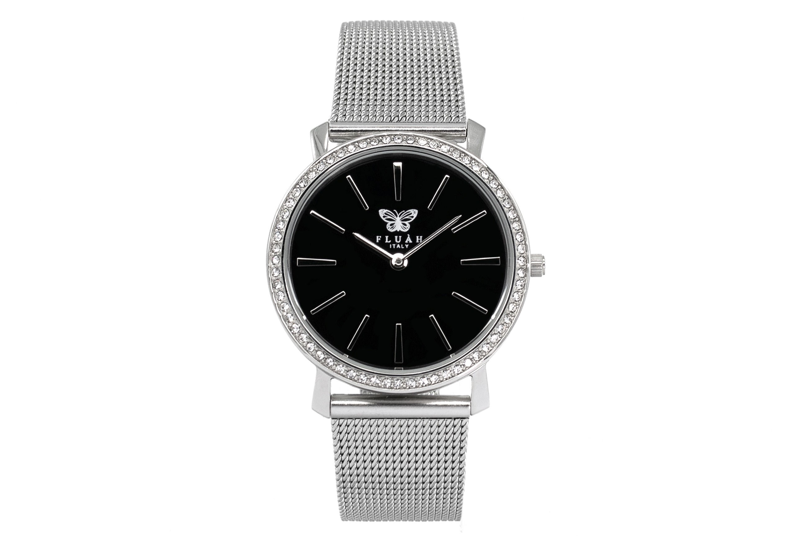 Orologio donna alla moda con quadrante nero, brillantini e cinturino in acciaio anallergico maglia milanese silver