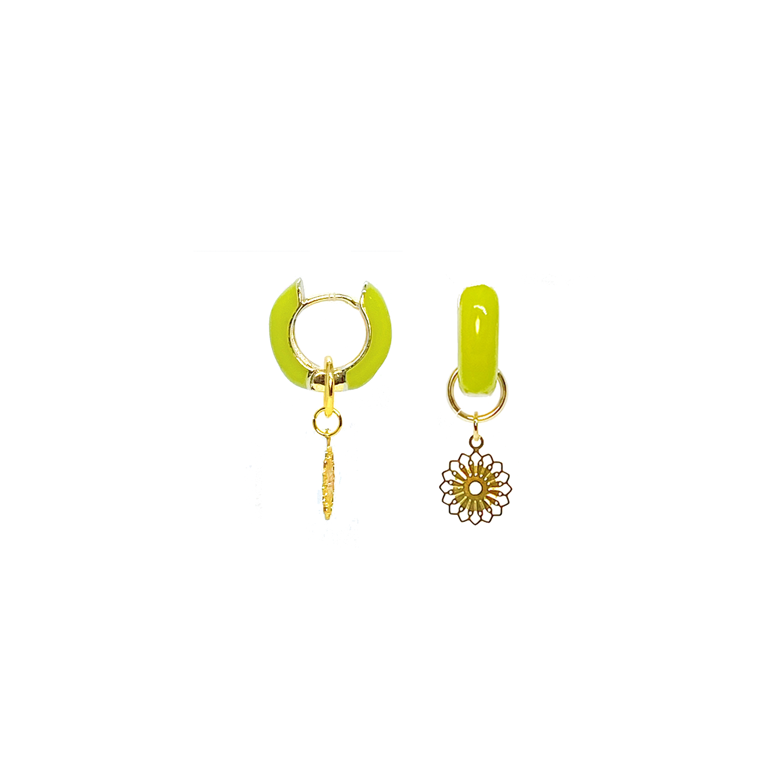 orecchini moda donna italia in ottone anallergici con smalto lime e ciondolo boho chic