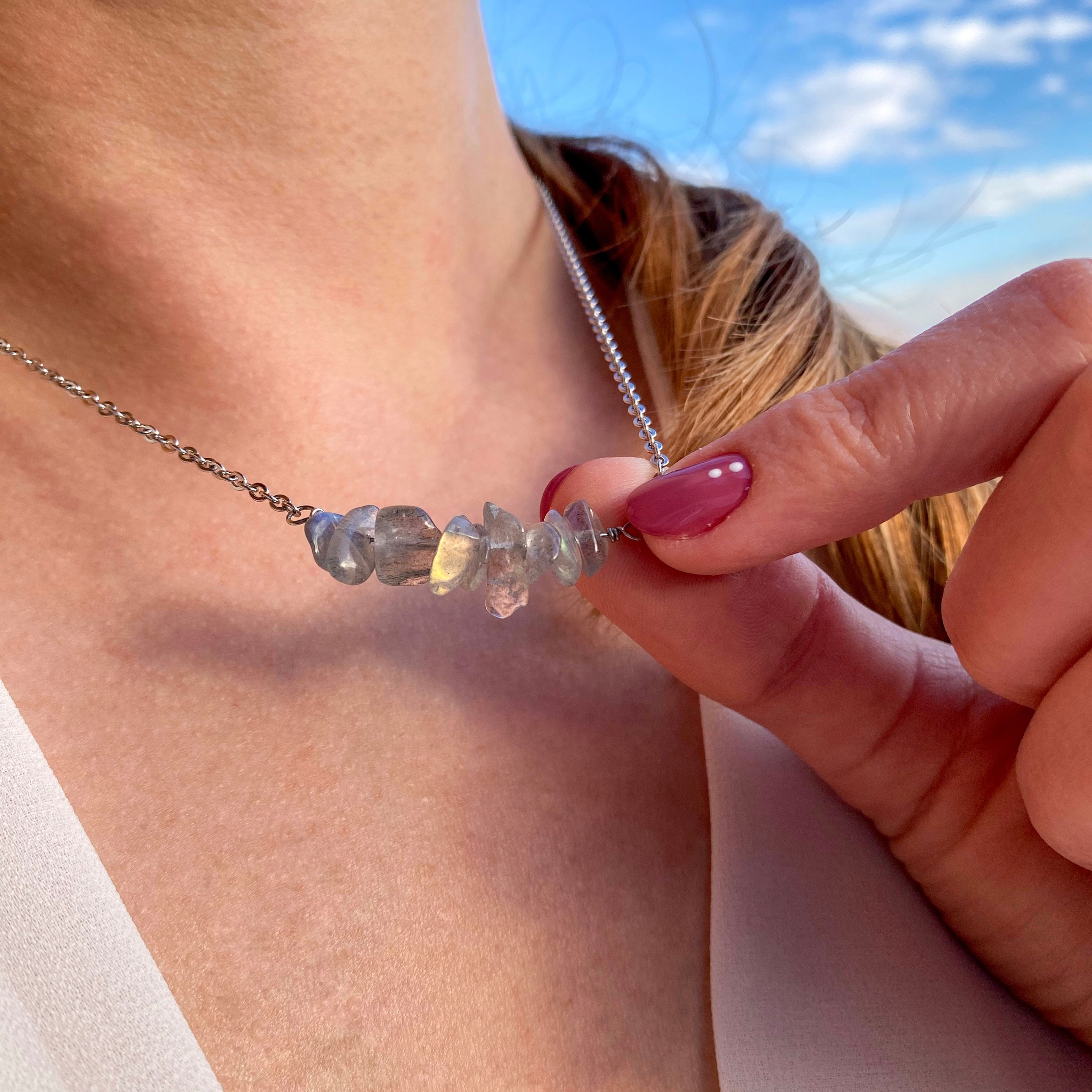 Collana acciaio inossidabile con chips in labradorite naturale cristalloterapia