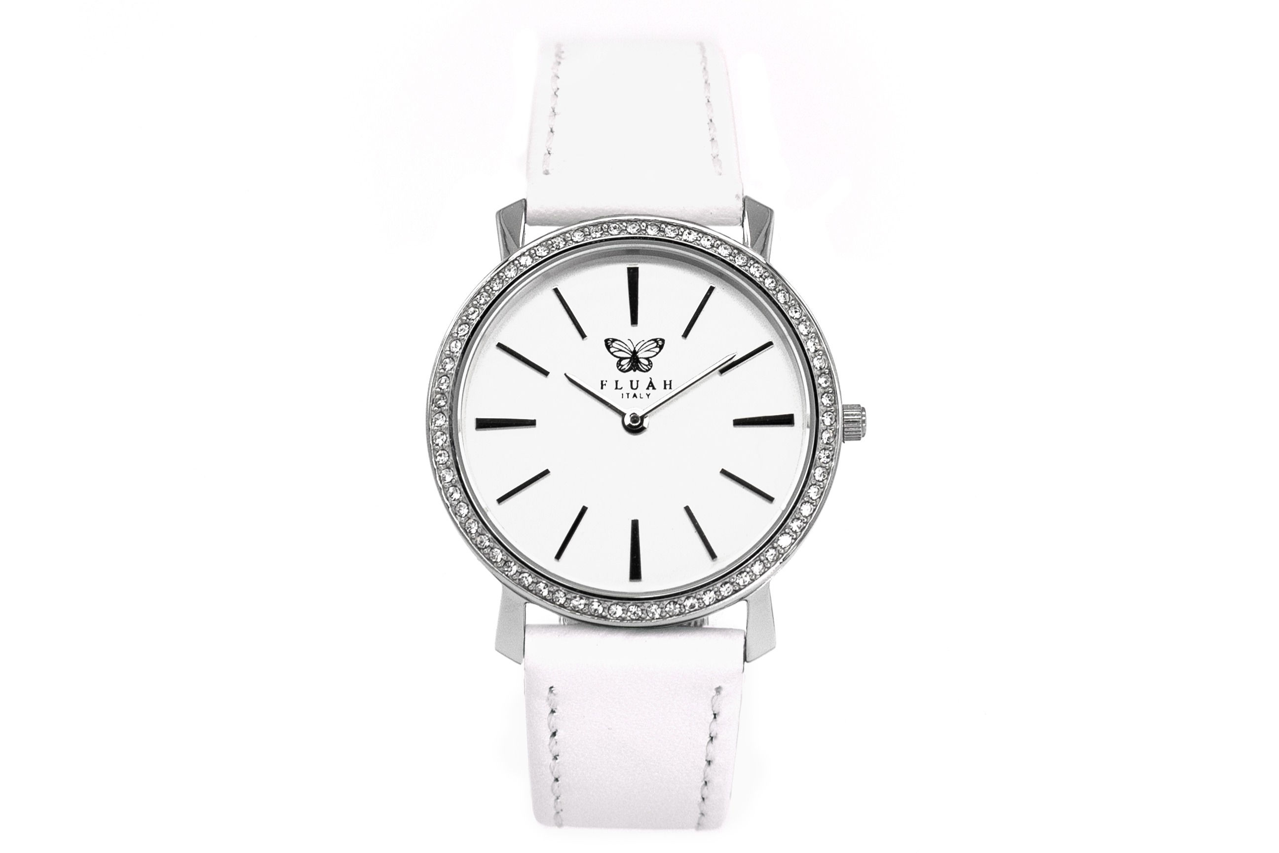Orologio donna alla moda con quadrante bianco, brillantini e cinturino in vera pelle made in italy di colore bianco
