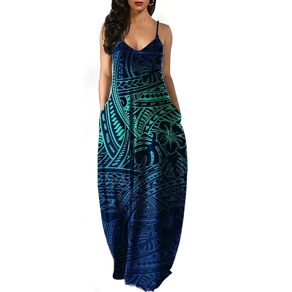 Thumbnail: Polynesian Print Halter Maxi Dress Plus Size Autumn Party Wear