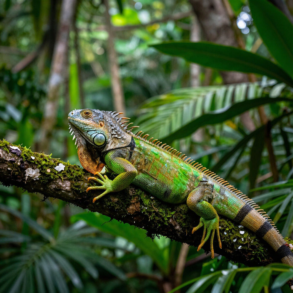 Green iguana on a mossy branch at a reptile store near Charlotte NC