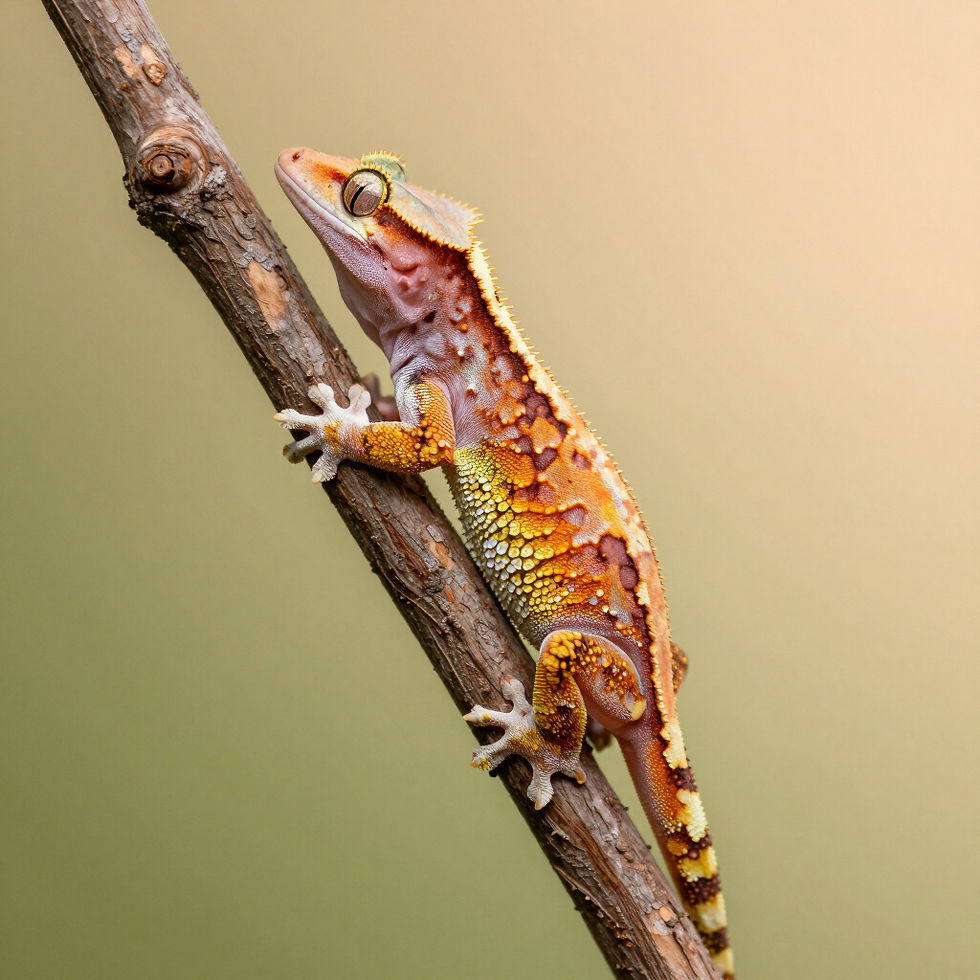 Crested gecko on a branch at a reptile store near Charlotte NC