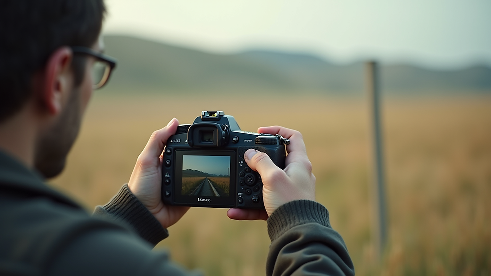 Vue en contre-plongée d’un vidéaste manipulant une caméra professionnelle en extérieur