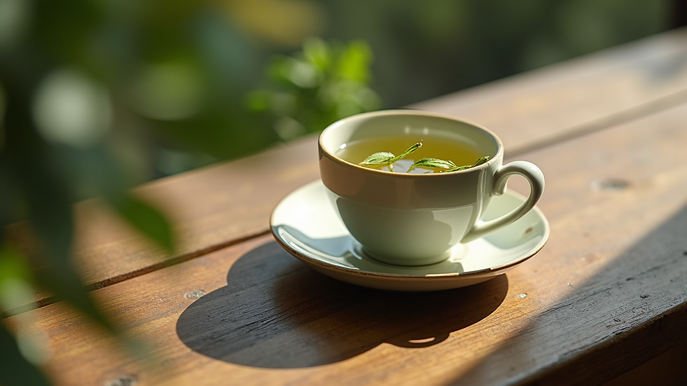 Eye-level view of a cup of green tea with fresh botanicals on a wooden table