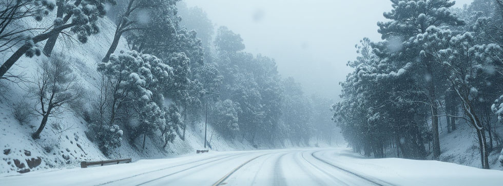 snowy mountain road viewed through the windscreen while heavy snow falling. Australian eu