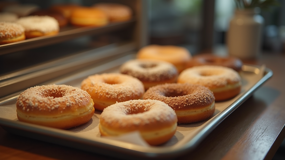 Eye-level view of a tray filled with assorted classic donuts