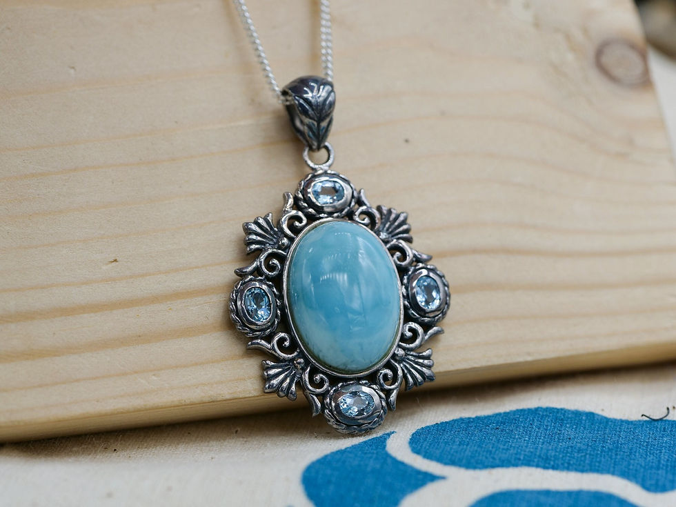 Thumbnail: Larimar Necklace -Elegant Silver Oval Shape Larimar Pendant with White Topaz
