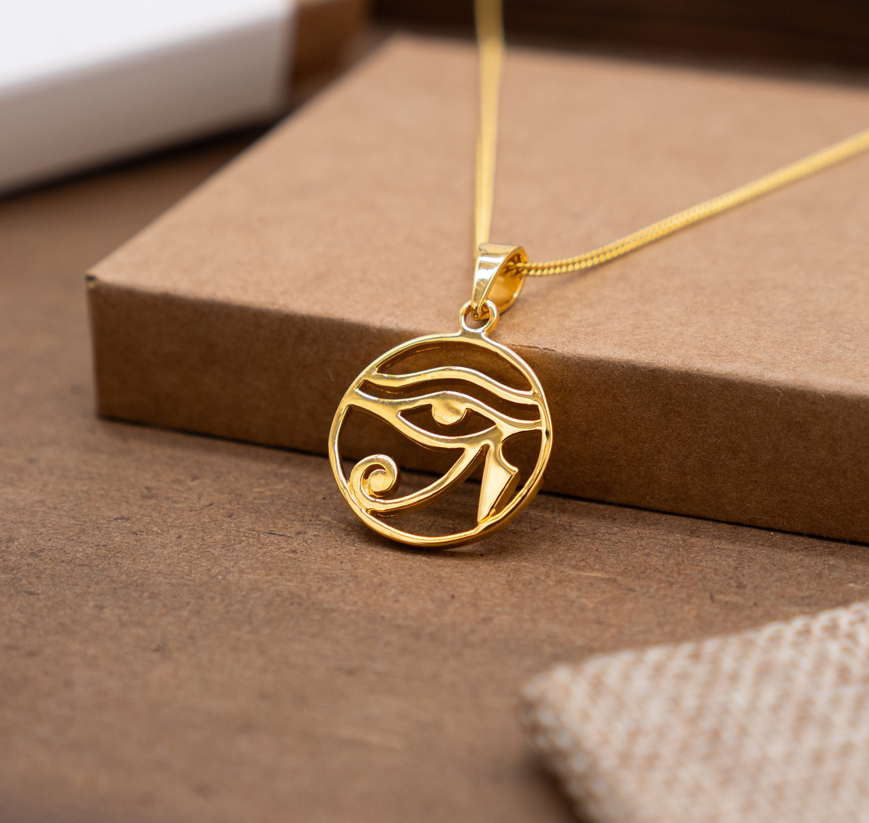 Gold Eye of Horus Egypt Pendant, Egyptian Eye Necklace, Ancient sacred Egypt