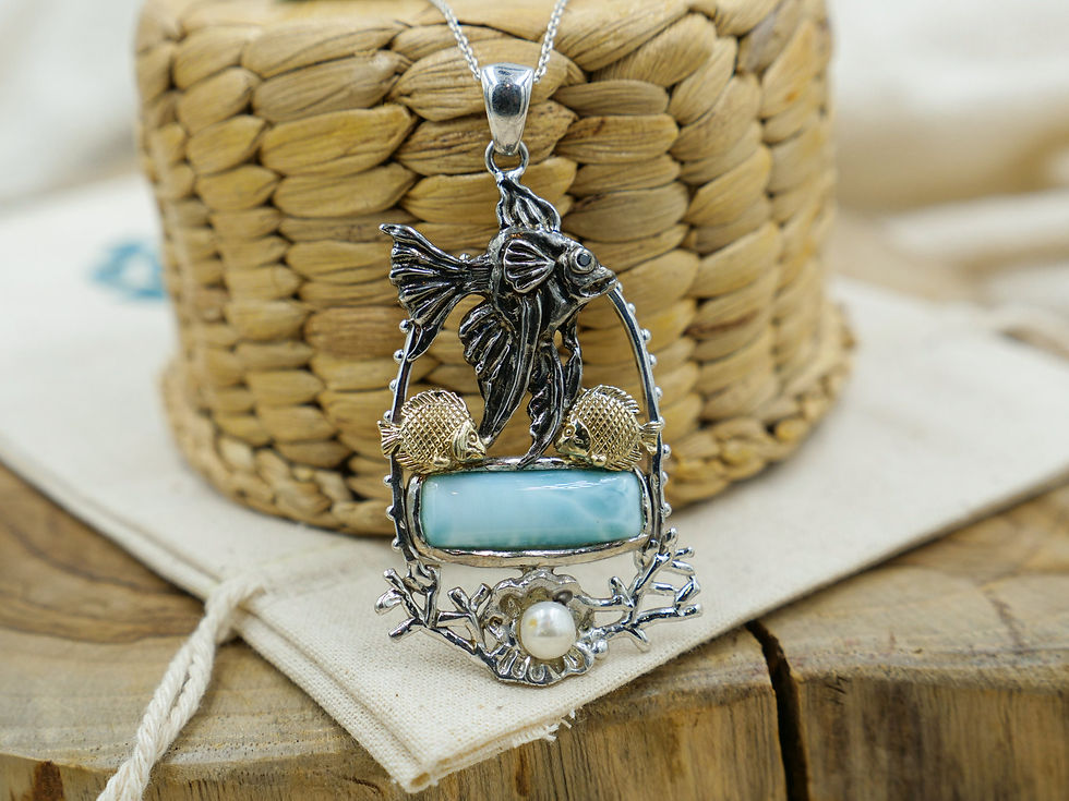 Thumbnail: Fish Necklace 18K Gold and Silver Animal Jewelry with Larimar & White Pearl -