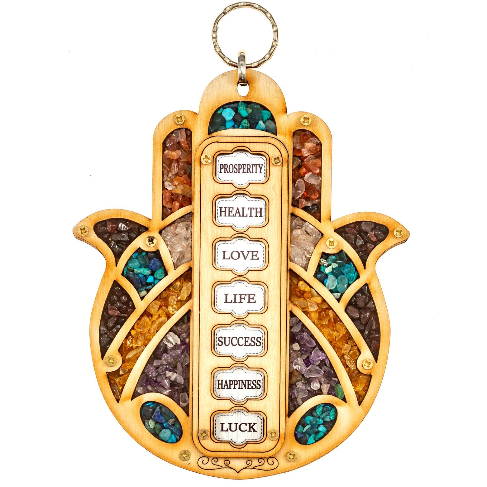 The 7 Blessings Hamsa - Wood with Natural Gemstones