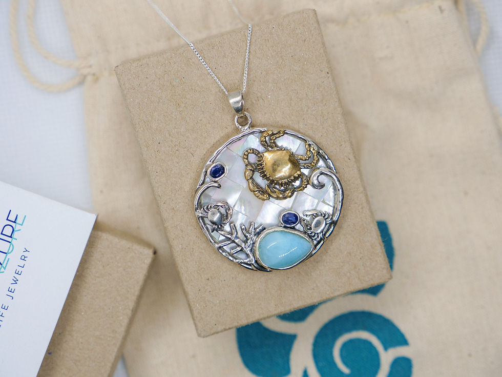 Thumbnail: Crab Necklace - 18K Gold Plated Crab and Sterling Silver Pendant with Larimar