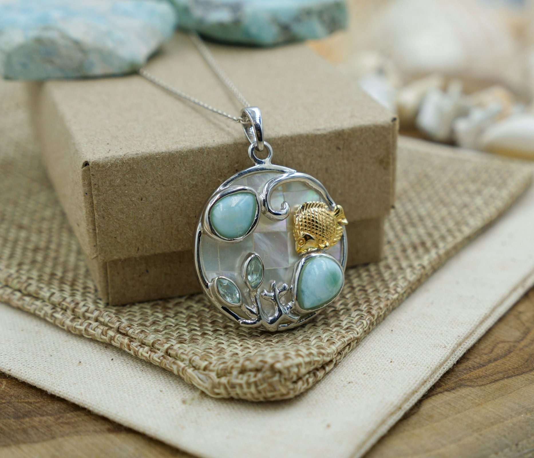 Silver and Gold Fish Necklace, Gold Plated Fish with Natural Larimar and Blue