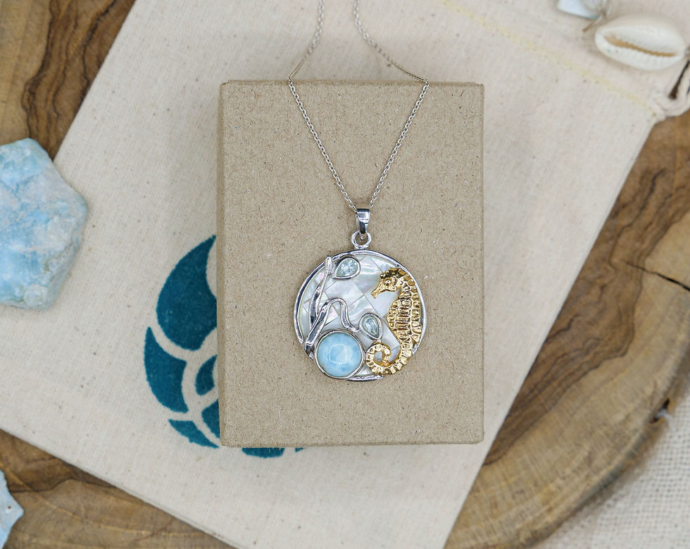 Thumbnail: Seashell Necklace 18K Gold SeaHorse Pendant  with Larimar and Blue Topaz -