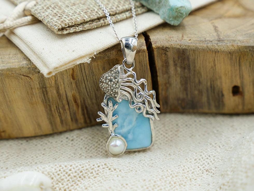 Thumbnail: Jellyfish Necklace Sterling Silver Animal Pendant with Larimar and White Pearl -