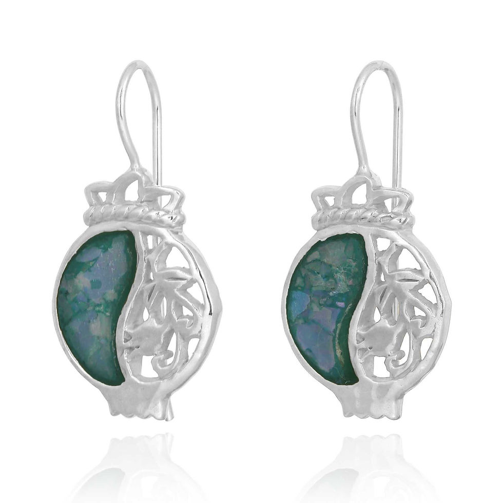 Pomegranate Shaped Earring With Half Roman Glass - Original Israeli Jewelry -