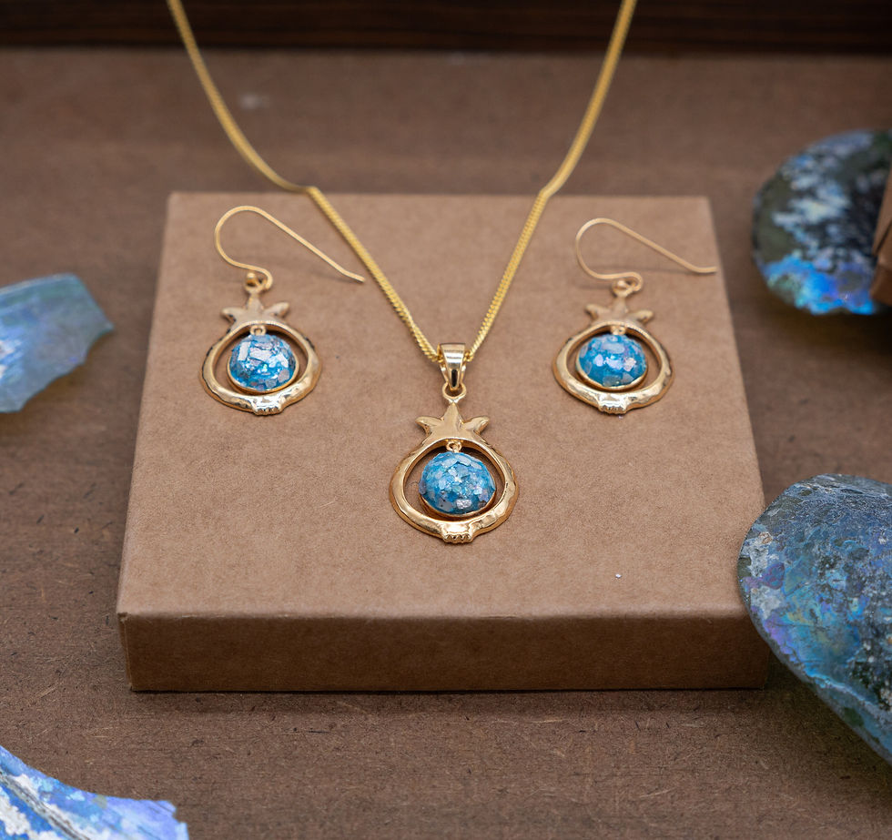 Thumbnail: Gold Roman Glass Pomegranate Jewelry Set, Ancient Roman Glass 18K Gold Plated