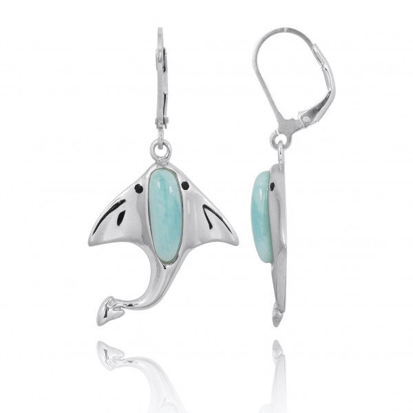 Sterling Silver Manta Ray Earrings - Larimar and Black Spinel Lever Back Earring