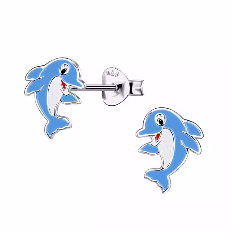 Silver and Enamel Dolphin Stud Earrings for Kids