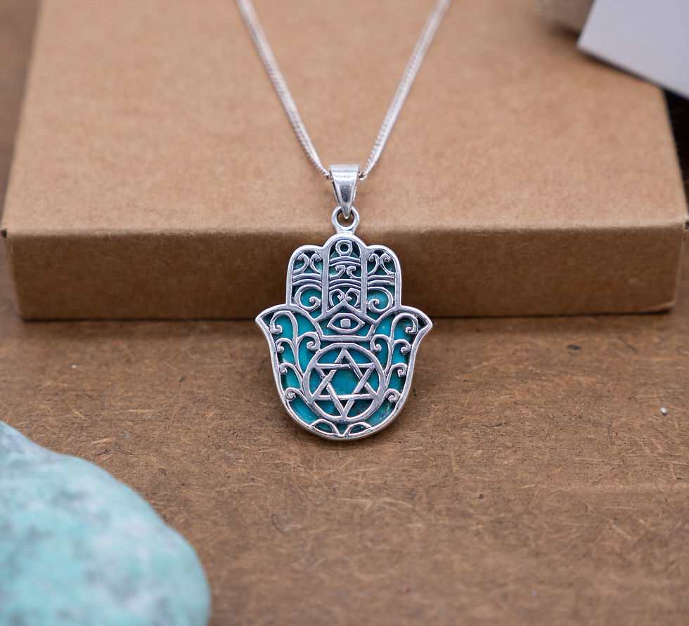 Hamsa Necklace with Turquoise, Star of David Silver Pendant with Eye Symbol