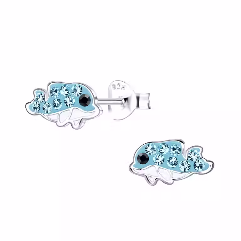 Blue Silver Dolphin Stud Earrings