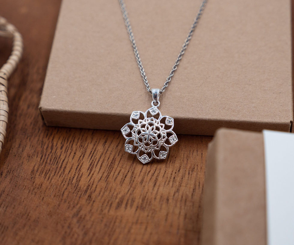 Mandala Necklace for woman, Silver Flower Pendant, snowflake charm winter