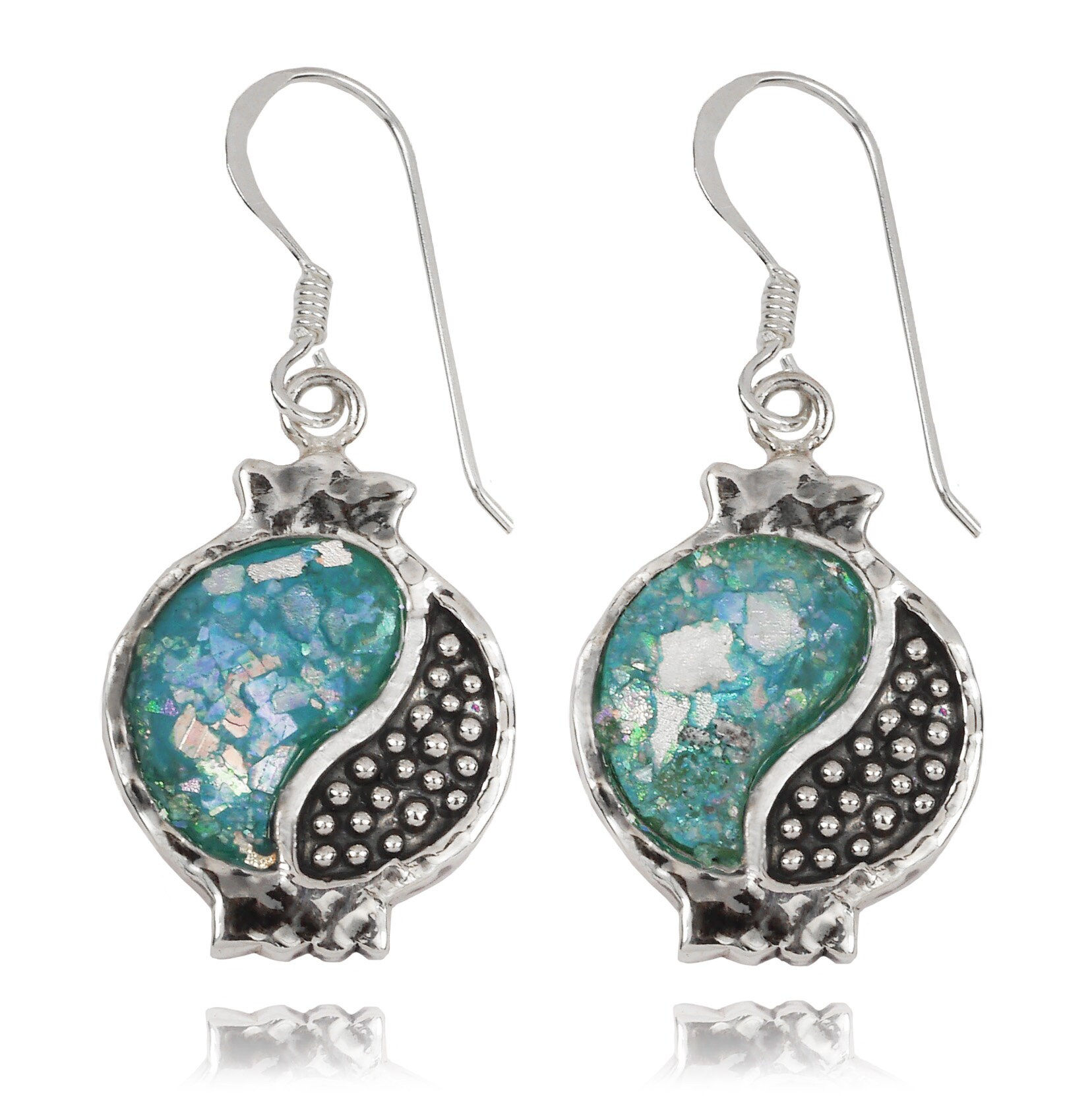 Oxidized Silver Pomegranate French Wire Earrings with Half Roman Glass - Ancient