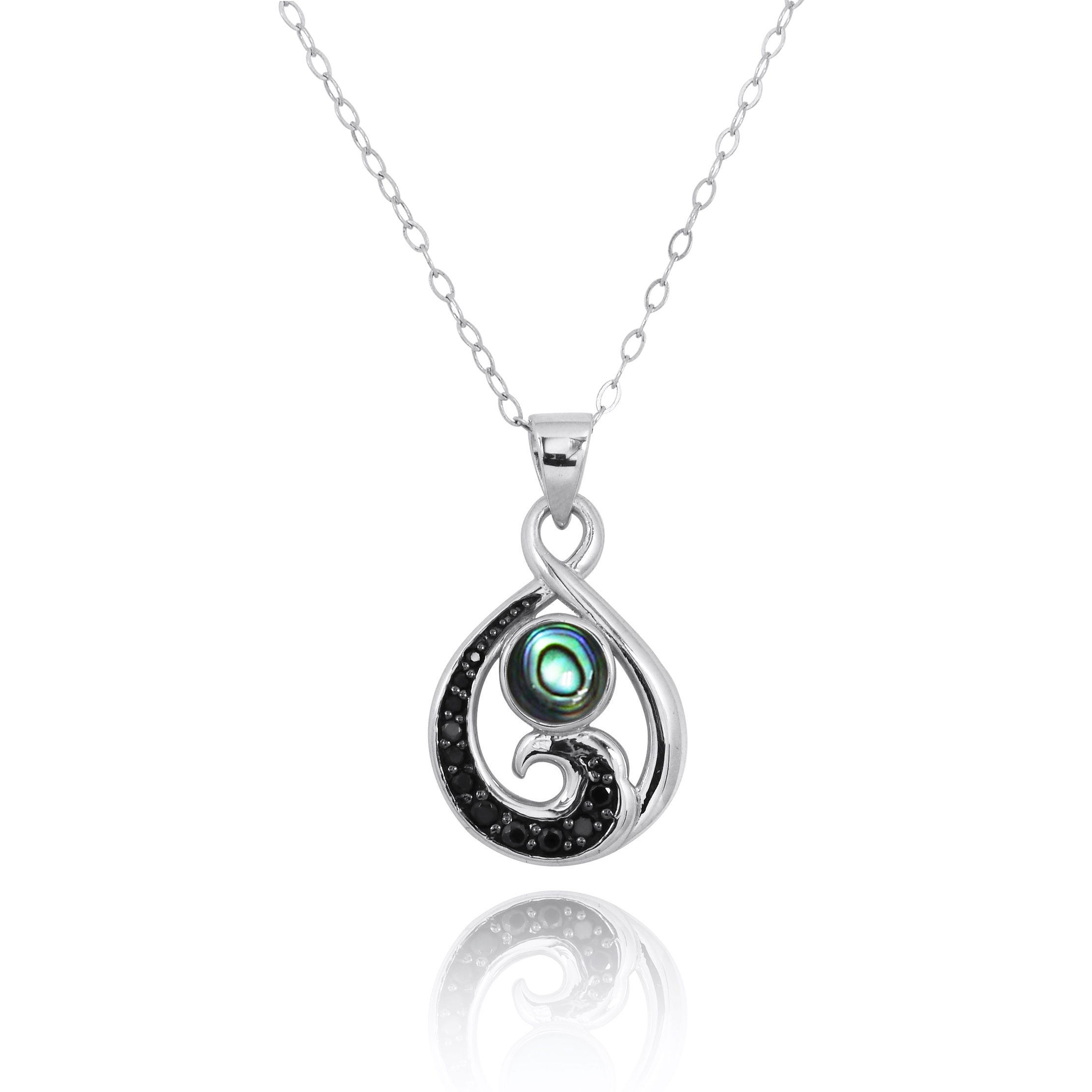 Black Spinel Necklace- Sterling Silver Pendant with Black Spinel Wave and Round