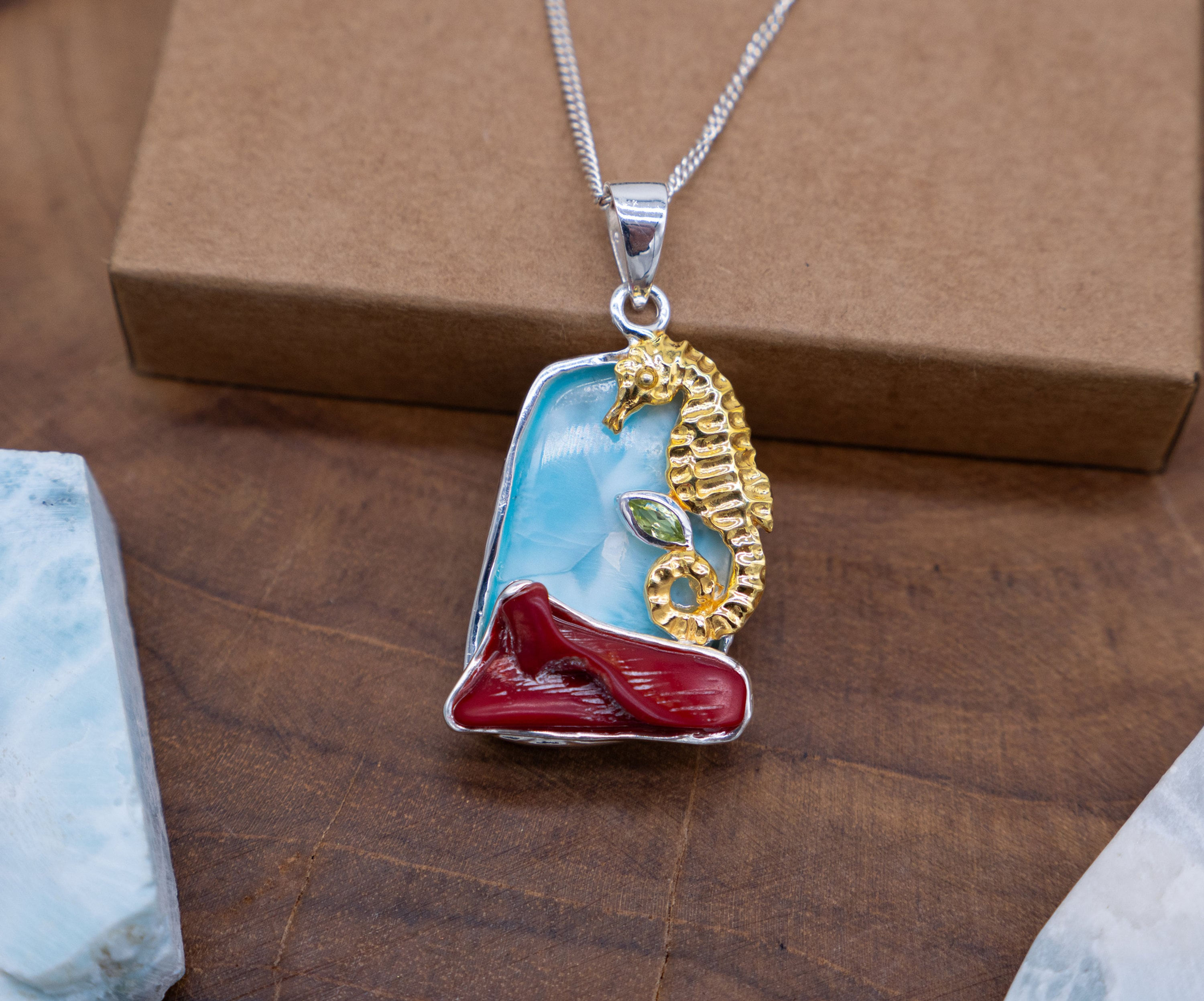 Gold Sea Horse pendant with Larimar and Red Coral, Silver and Gold Sea Life