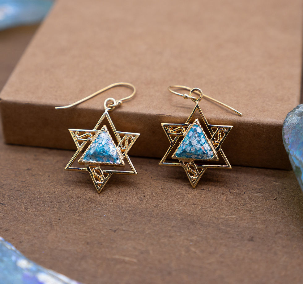 Thumbnail: Gold Star of David Earrings, Gold Roman Glass Dangling Earrings, Ancient Roman