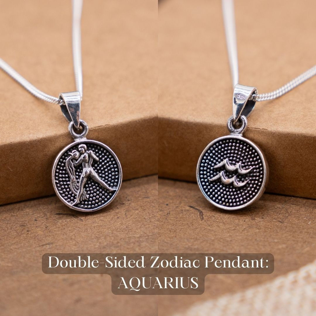Aquarius Zodiac Silver Necklace, Double-Sided Zodiac Pendant Aquarius Symbol