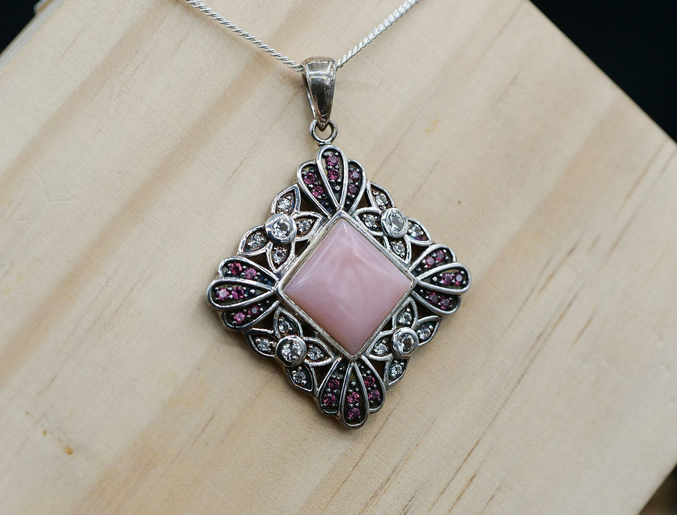 Thumbnail: Hand Made Silver Pendant with Natural Peru Pink Opal , Amethyst and White Topaz