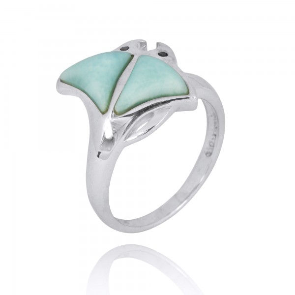 Thumbnail: Sterling Silver Manta ray Ring // Larimar and Black Spinel ring - Manta-ray