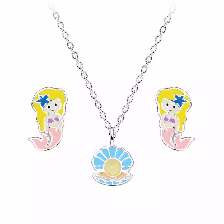 Silver Mermaid Necklace and Earrings Set for Kids