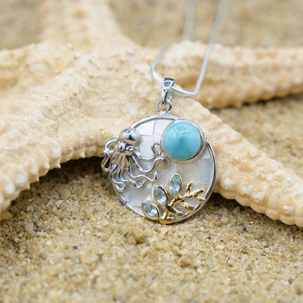 Thumbnail: Sterling Silver Pendant with Round Larimar , Blue Topaz, Octopus