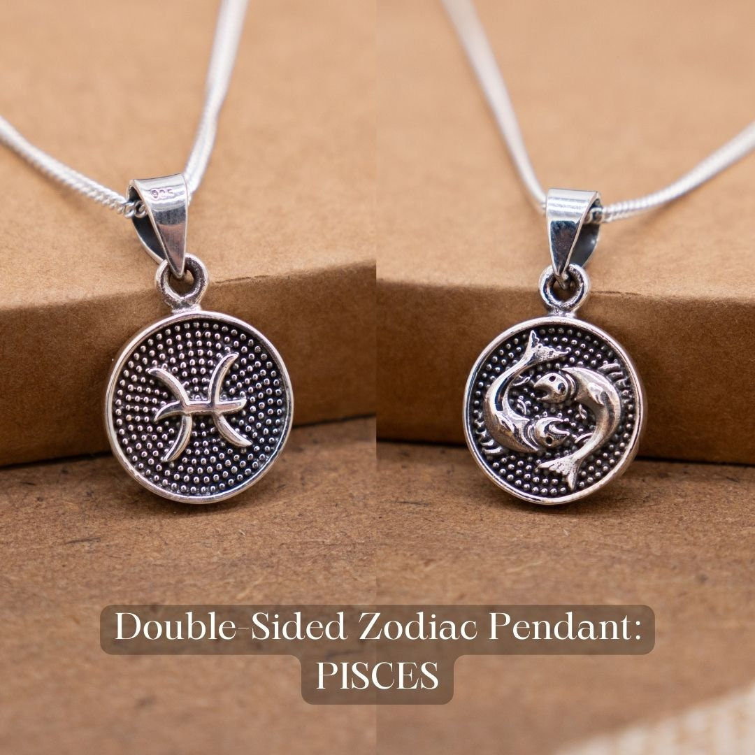 Pisces Zodiac Silver Necklace, Double-Sided Zodiac Symbol Pisces Pendant
